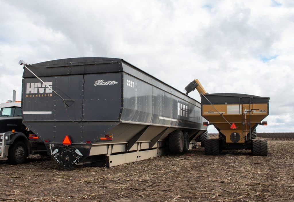 Haulmaster grain cart unloading in Hive Motherbin